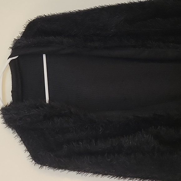 Black Shaggy Eyelash Hoodie Open Front Cardigan Sweater - Picture 3 of 6